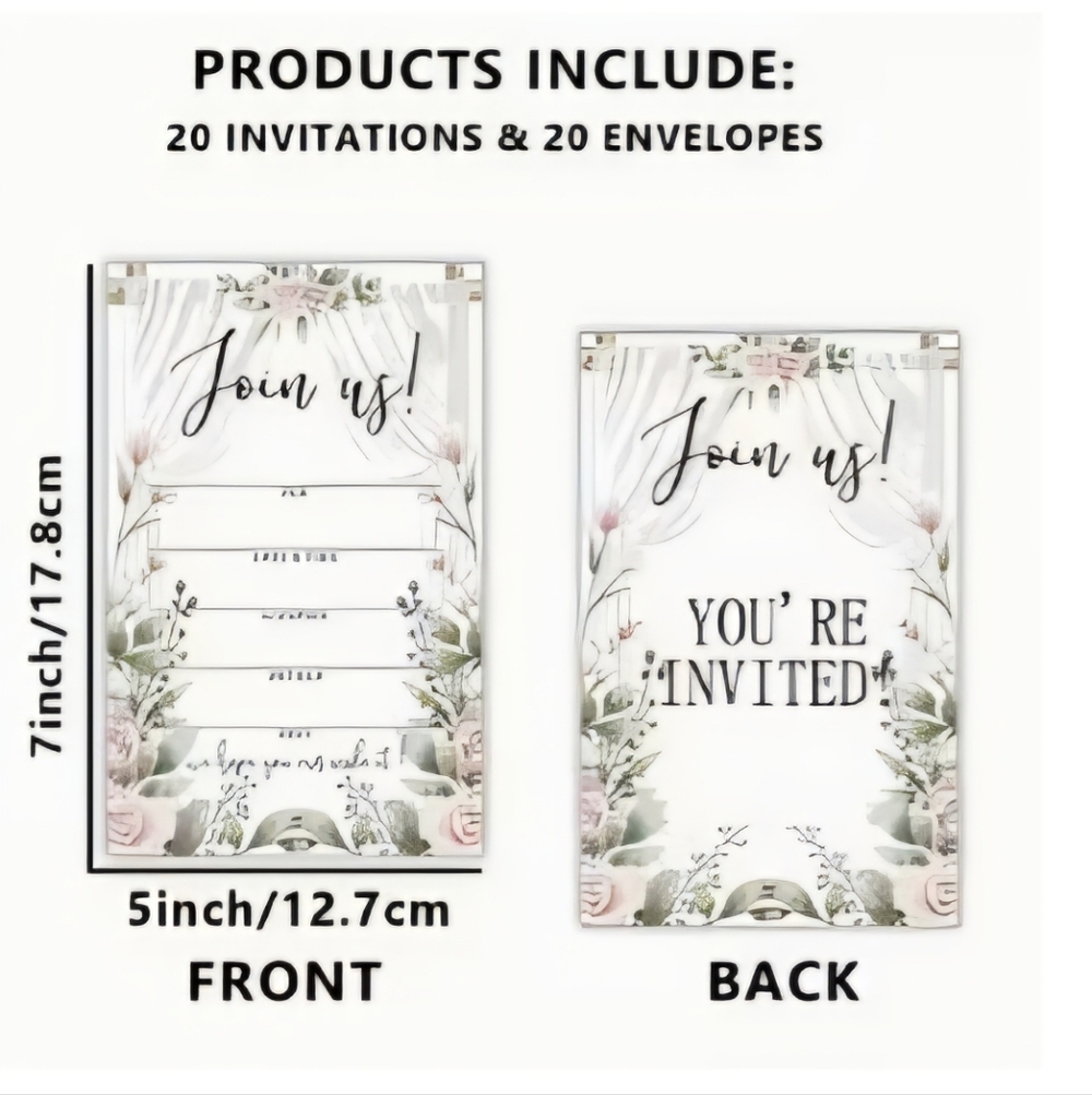 New 20 PACK FLORAL WEDDING INVITATIONS AND ENVELOPES